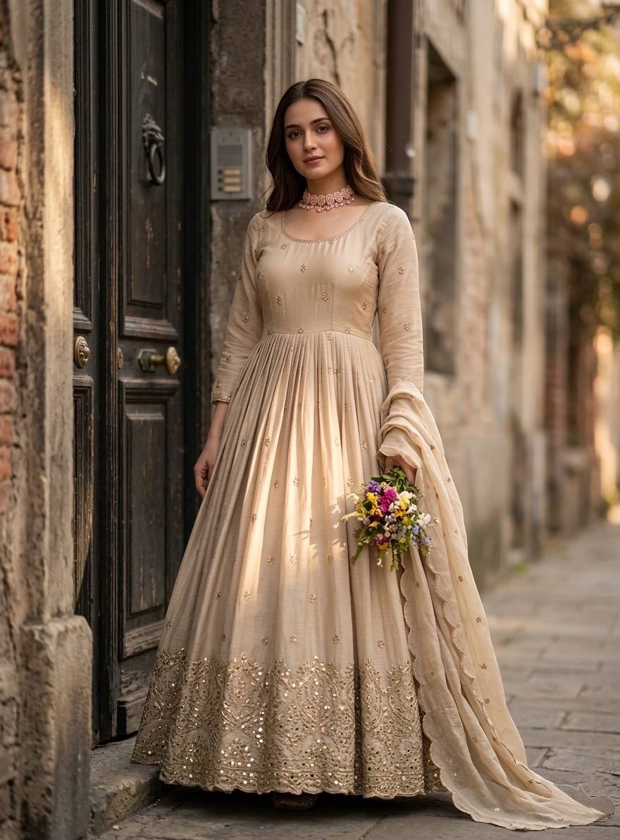 Chinon Silk Gown Set with Dupatta | Mirror Work Party Wear