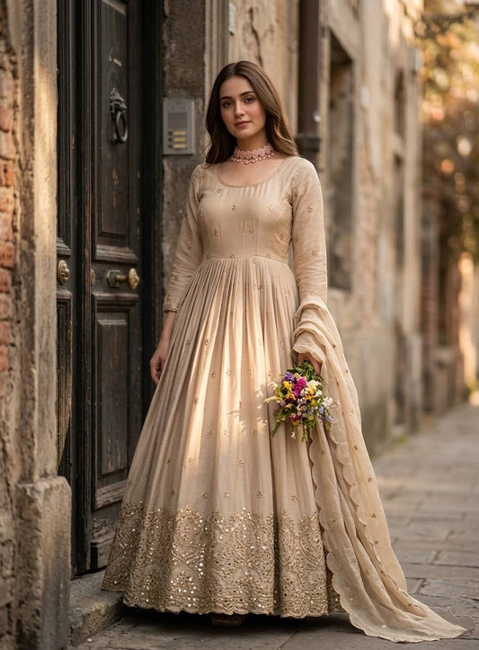 Chinon Silk Gown Set with Dupatta | Mirror Work Party Wear